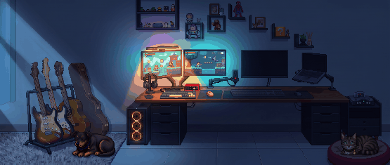 Breno's room at night, in moonlight: he plays a game on the two monitors on the left, the PC's fans glowing orange under the desk; Melissa is awake in her bed, Rute asleep on the rug.