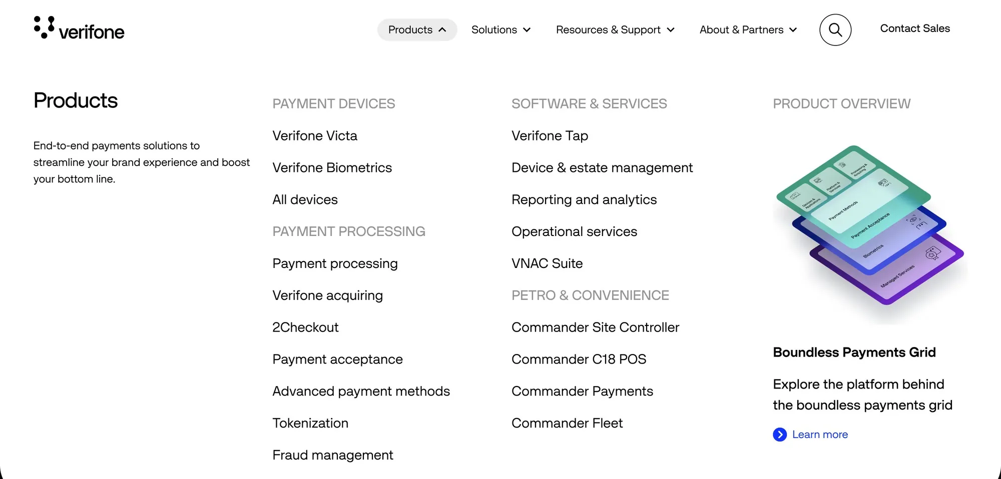 The Products mega menu, built from the CMS